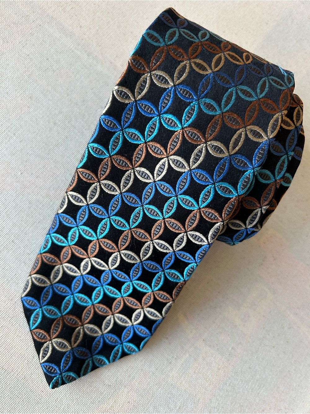Polifroni Milano Men's Black Silk Tie w/Blue, Gold, Bronze & Teal Pattern